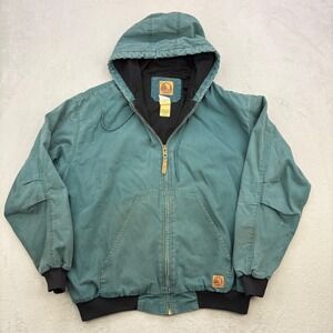 Berne Hooded Work Jacket Mens 2XL Green Duck Canvas Thermal Lined Faded Grunge